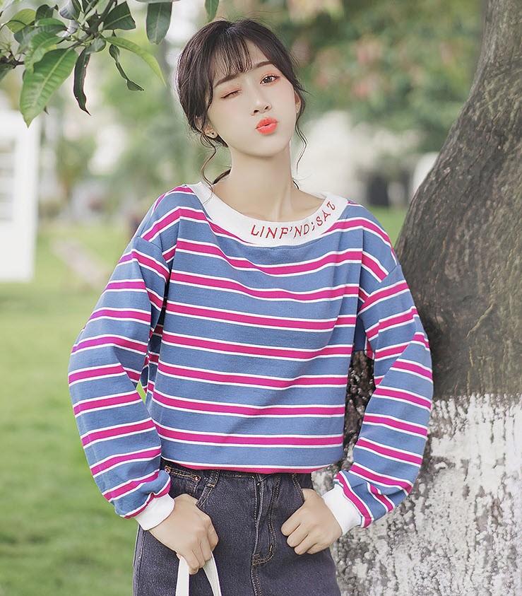 Blue And Red Striped Sweater | K-Fashion at Fashionchingu