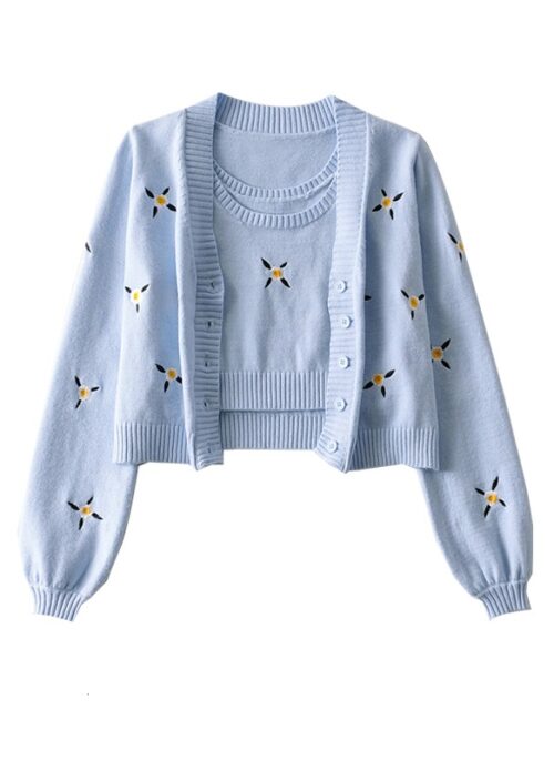 Blue Knitted Top And Cardigan Set | Jennie - BlackPink