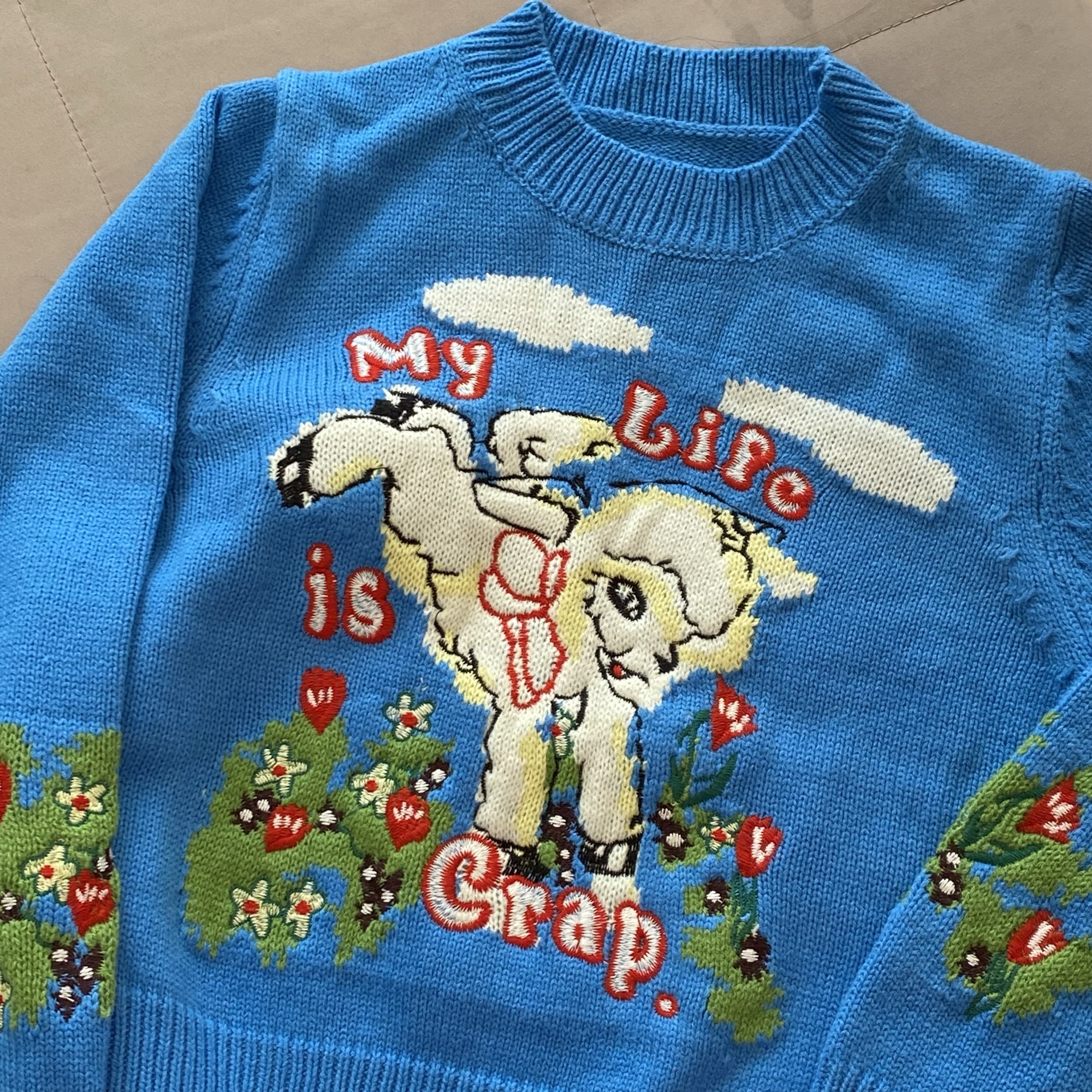 my life is crap blue sweater