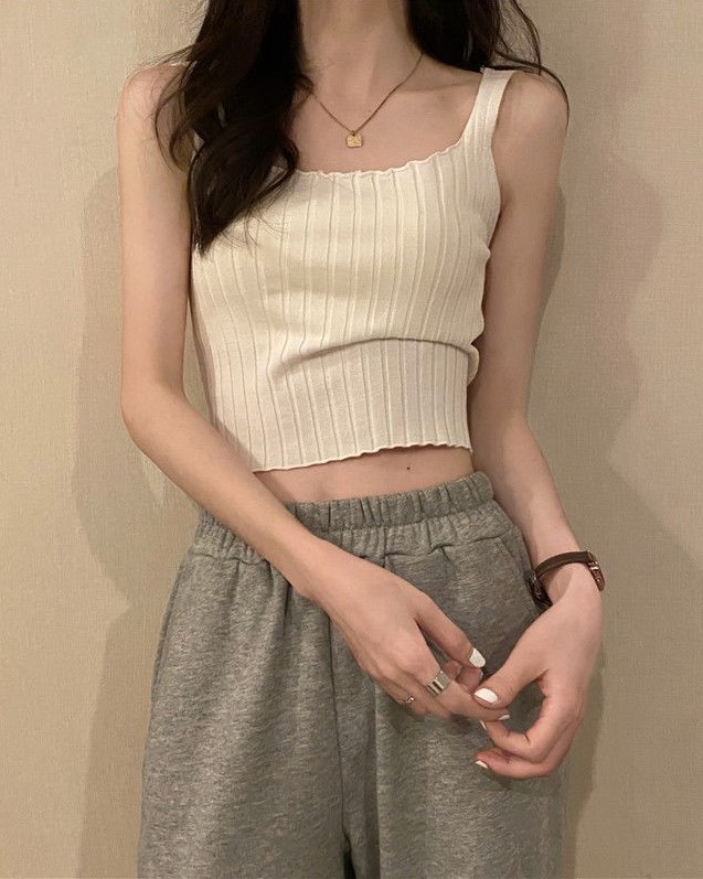 White Ribbed Square Neck Sleeveless Crop Top