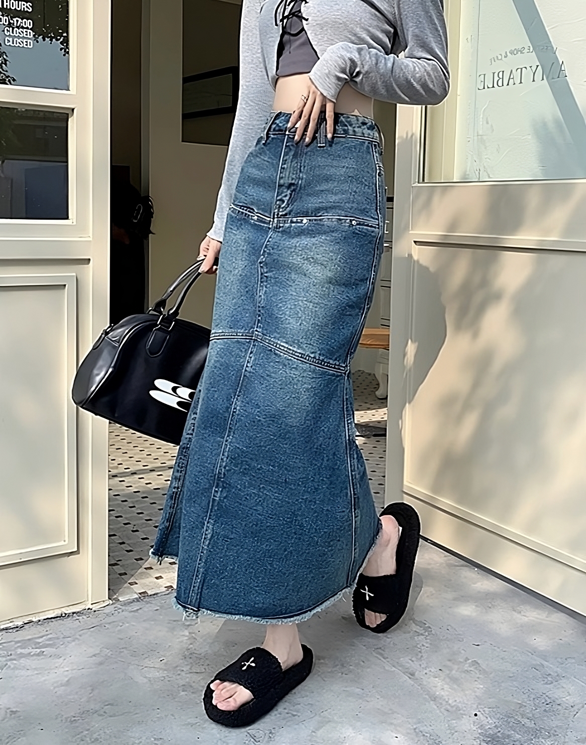 Blue Long Back Slit Denim Skirt  Haerin - NewJeans - Fashion Chingu