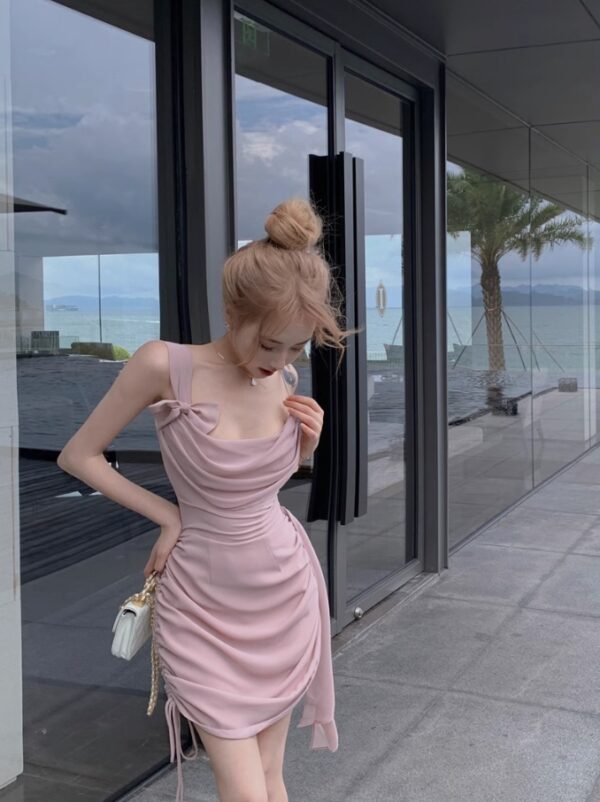 Pink Asymmetrical Sling Bow Dress | Jennie - BlackPink - Fashion Chingu