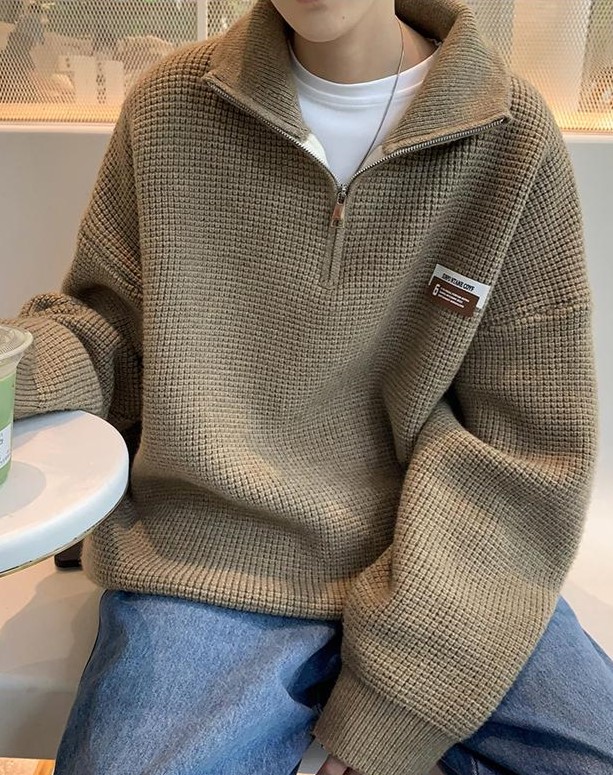 Brown Half Zip-Up Knitted Sweater | Jisung - Stray Kids - Fashion