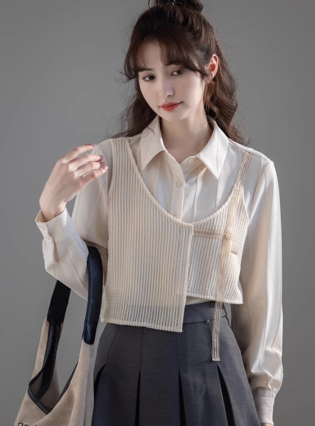 Beige Asymmetrical Spliced Shirt - Fashion Chingu