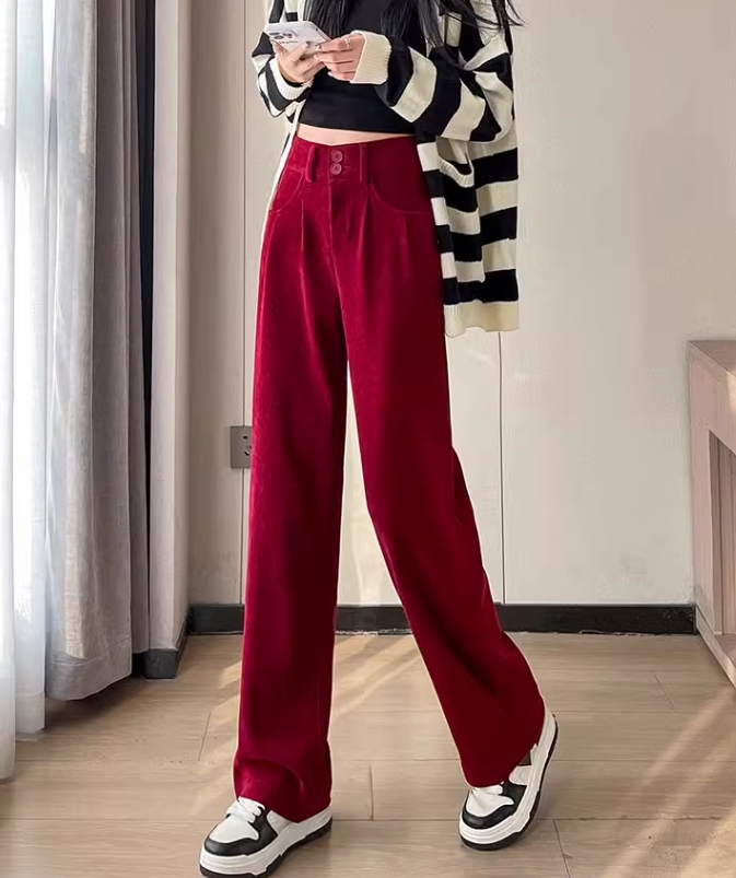 Red Corduroy Wide Leg Pants | Yunjin - Le Sserafim - Fashion