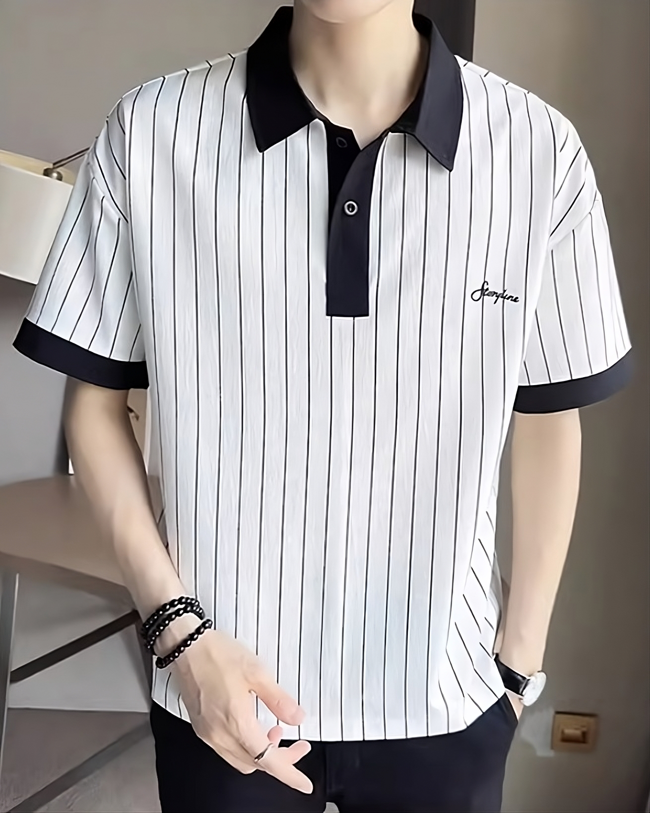 White Stripes Polo Shirt With Black Collar