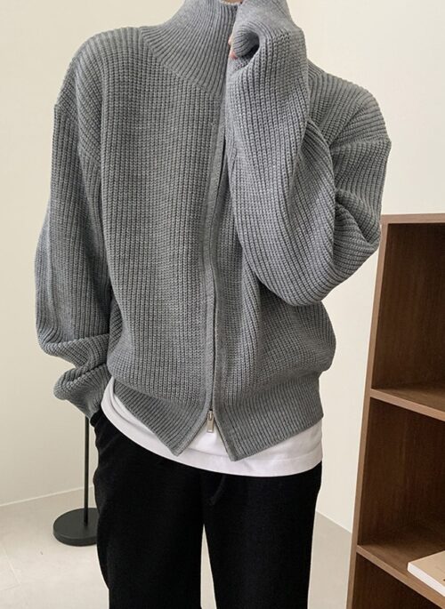 Grey Ribbed Zip-Up Cardigan | Sunghoon - Enhypen