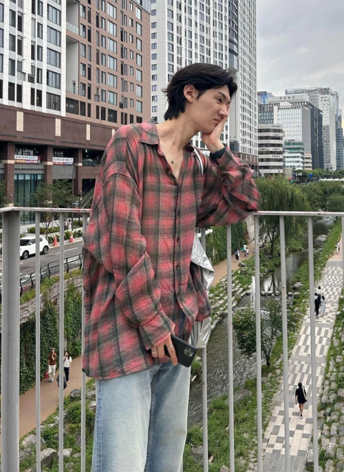 Pink Plaid Casual Oversized Shirt | Sunoo - Enhypen