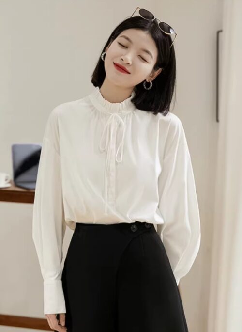 White Pleated Collar Long Sleeve Blouse | Sunghoon - Enhypen