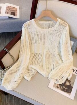 Beige Multi-Pattern Hollow Knitted Sweater | LeeKnow – StrayKids