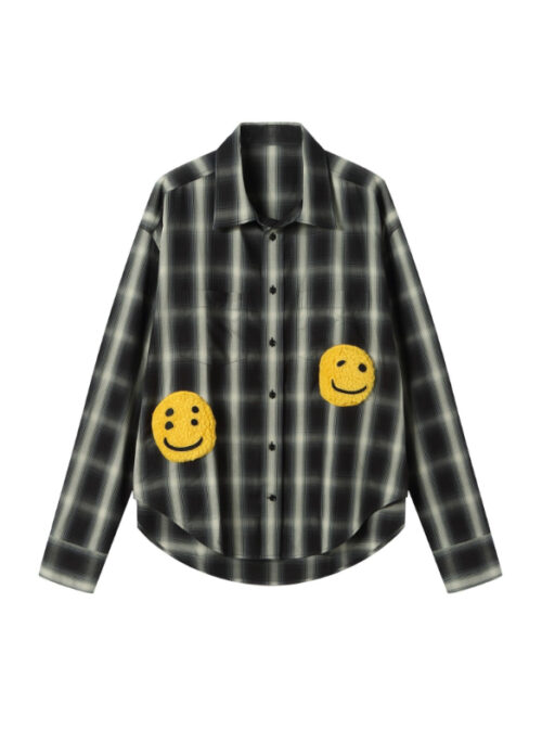 Black Plaid Smiley Patch Shirt | Jihoon - Treasure