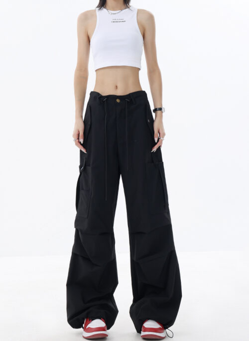 Black Pleated Drawstring Cargo Pants | Yuna - ITZY