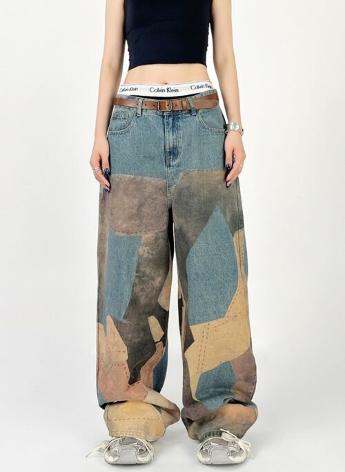 Brown Patchwork Print Jeans | San – ATEEZ