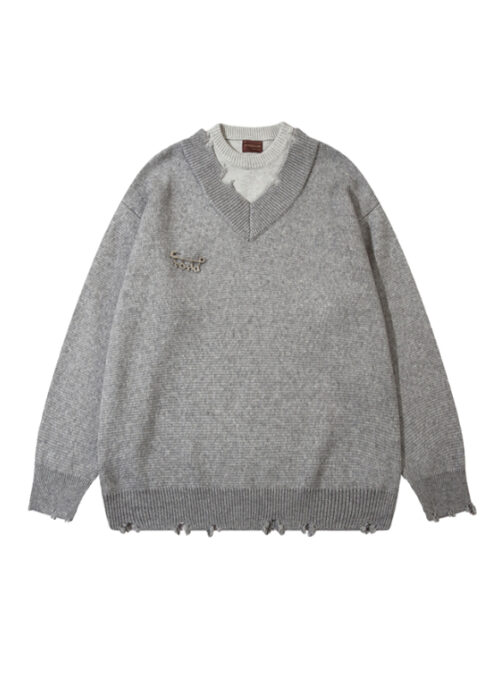 Grey Layered Distressed Sweater | Hyunsuk – Treasure