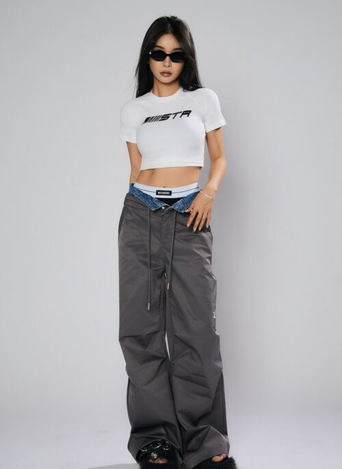 Grey Parachute Denim Panelled Pants | Jihyo - Twice