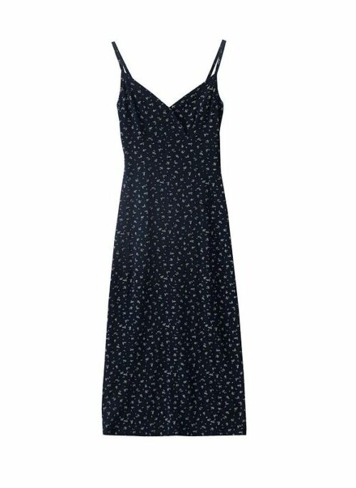 Navy Blue Floral V-Neck Sling Dress | Do Da Hee – The Atypical Family