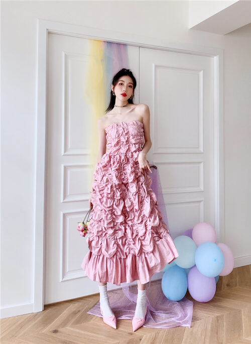 Pink Crumpled Texture Puffy Dress | Asa - BabyMonster