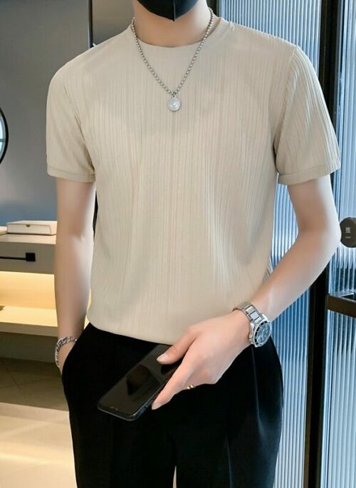 Beige Ribbed Casual T-Shirt | Han - Stray Kids