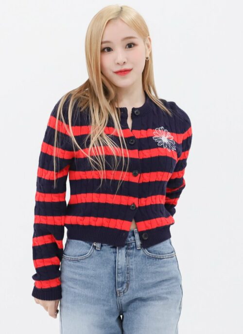 Red Flower Embroidered Striped Cardigan | Gahyeon - Dreamcatcher