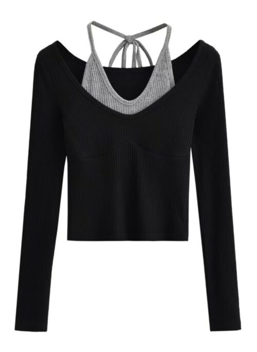 Black Two-Piece Illusion Long Sleeve Top | Pharita - BabyMonster