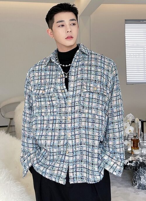 Blue Plaid Tweed Woolen Shirt | Jisung - Stray Kids