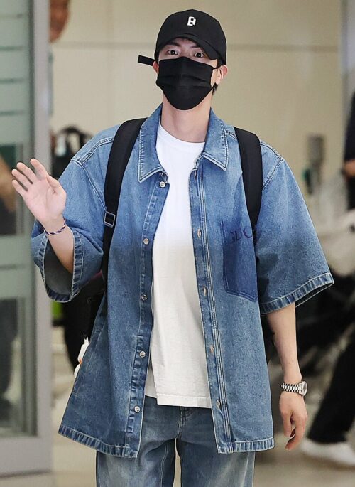 Blue Short Sleeves Oversized Denim Shirt | Jin - BTS