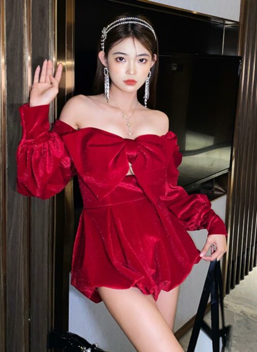 Red Big Bow Off-Shoulder Dress | Nayeon - Twice