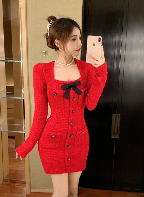 Red Tweed Long Sleeve Dress | Joy - Red Velvet