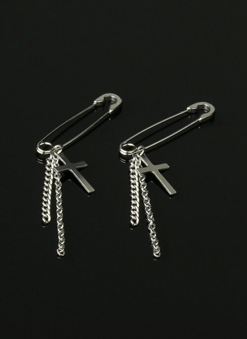 Silver Safety Pin And Cross Chain Earring | LeeKnow - Stray Kids