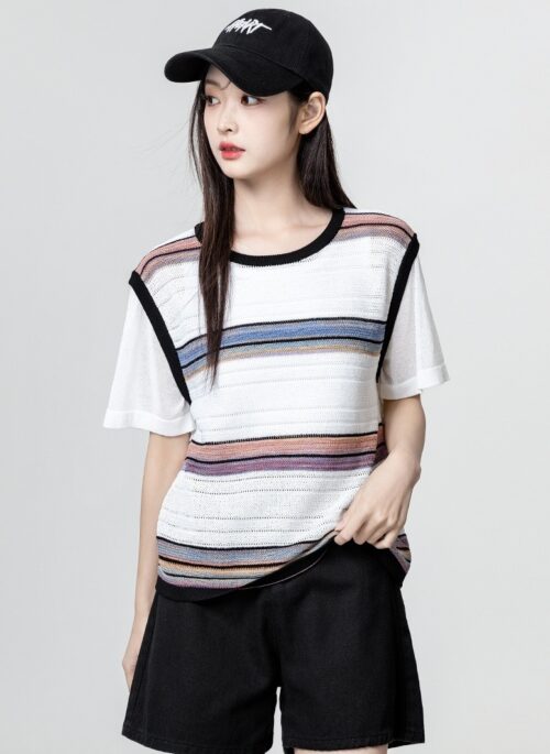 White Striped Color Block Faux Two-Piece T-Shirt