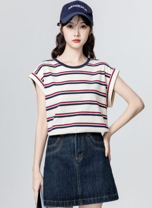 Beige Striped Short Sleeve T-Shirt