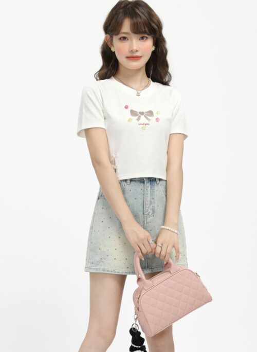 White Short Sleeve Crop T-Shirt With Bow Print