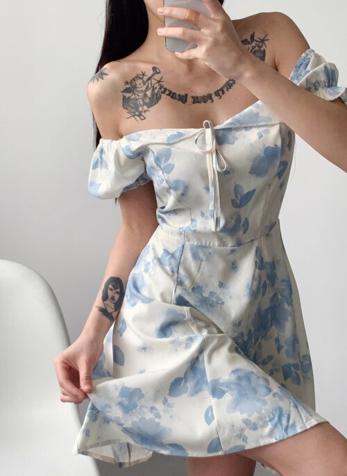 White And Blue Puff Sleeve Floral Dress | Joy - Red Velvet