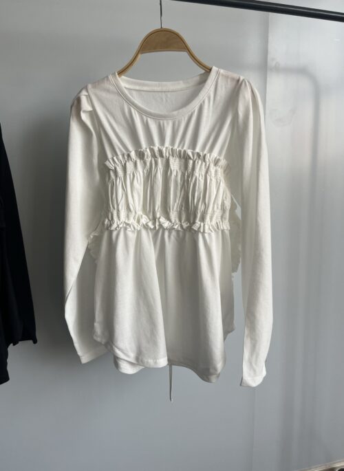 White Ruched-Bust Long Sleeve T-Shirt | J - STAYC