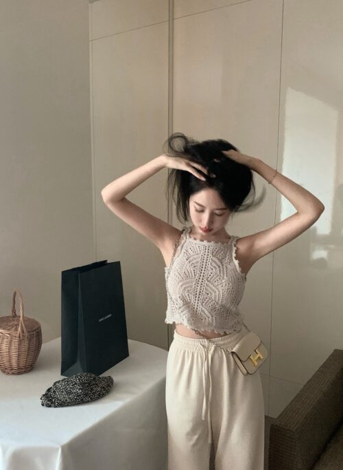 Beige Boho Knitted Crop Top | Rose - BlackPink