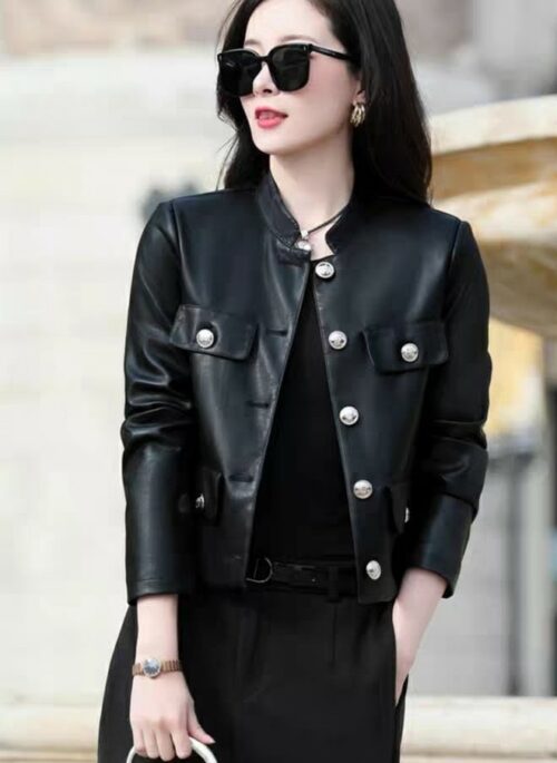 Black Big Buttoned Leather Jacket | Ningning - Aespa