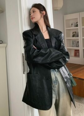 Black Faux Leather Suit Blazer Jacket | Baek Seok Ryu – Love Next Door