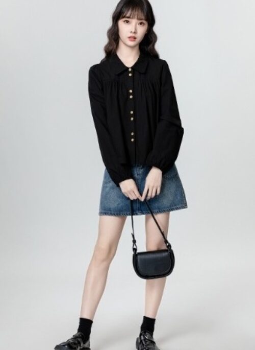 French Black Long Sleeve Loose Blouse