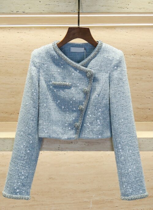 Blue Asymmetric Tweed Crop Jacket | Sullyoon - NMIXX