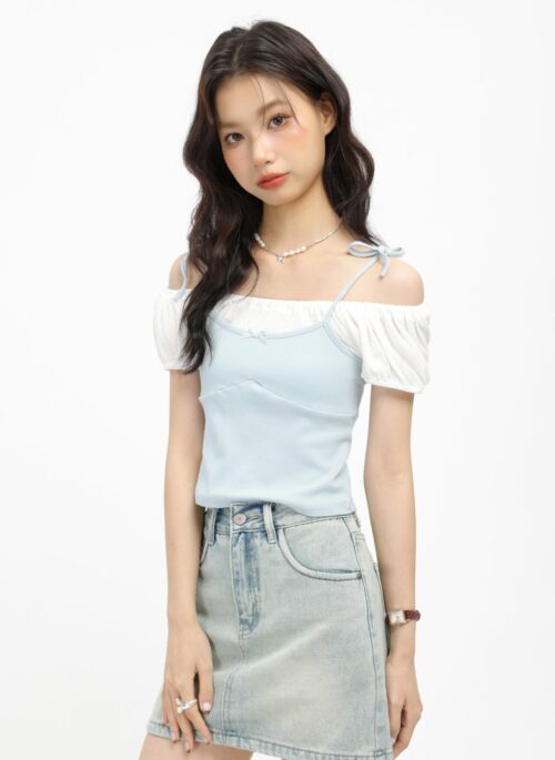 Blue Faux Two-Piece Off-Shoulder T-Shirt