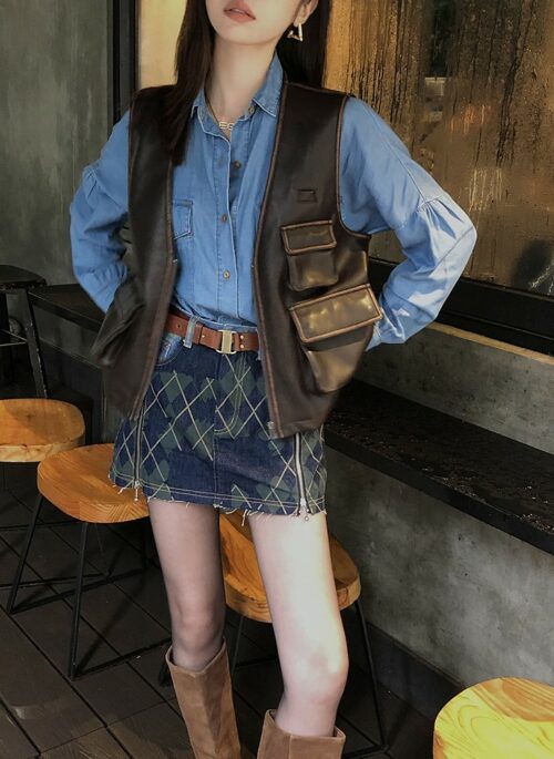 Blue Plaid Spliced Denim Skirt | Karina - Aespa