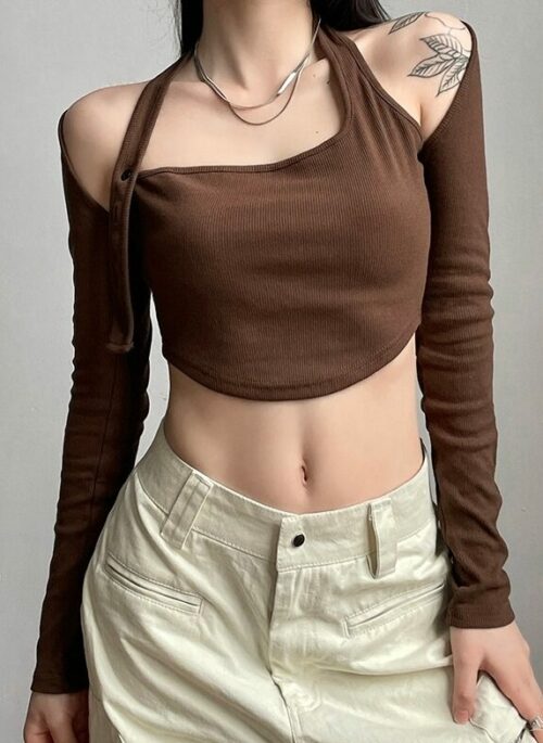 Brown Asymmetrical Halter Top | Juria - XG