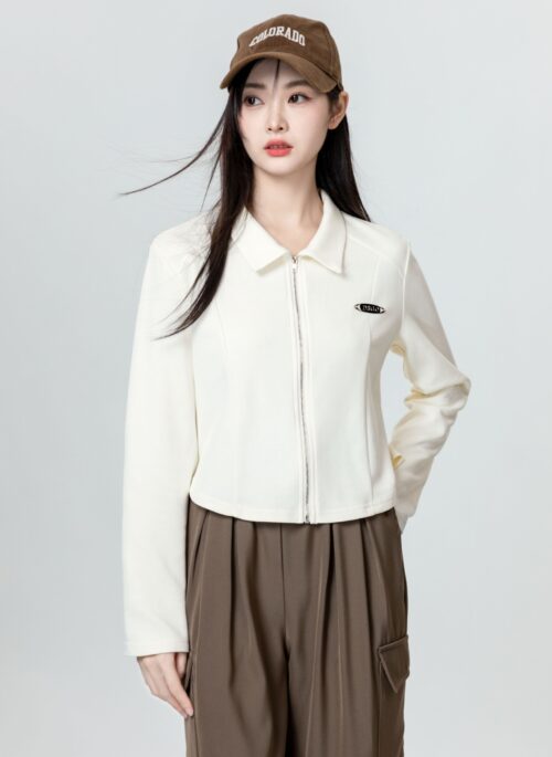 Beige Chic Design Polo Collar Zip-Up Cardigan