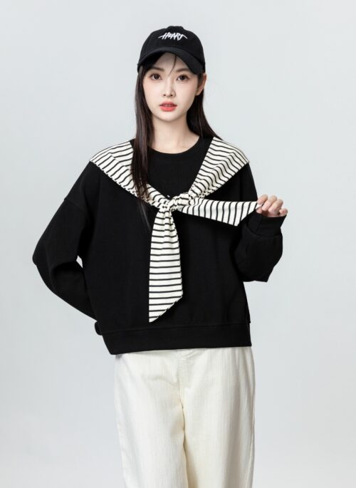 Black Round Neck Sweater With Faux Striped Shawl