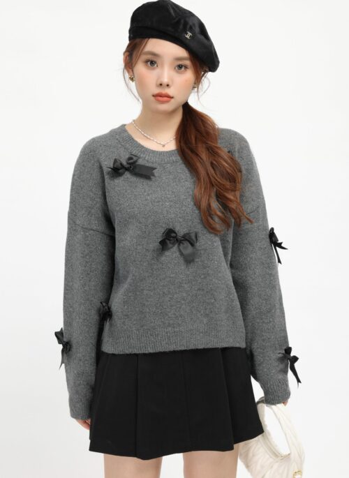 Grey Cozy Ribbon Detailed Knit Sweater