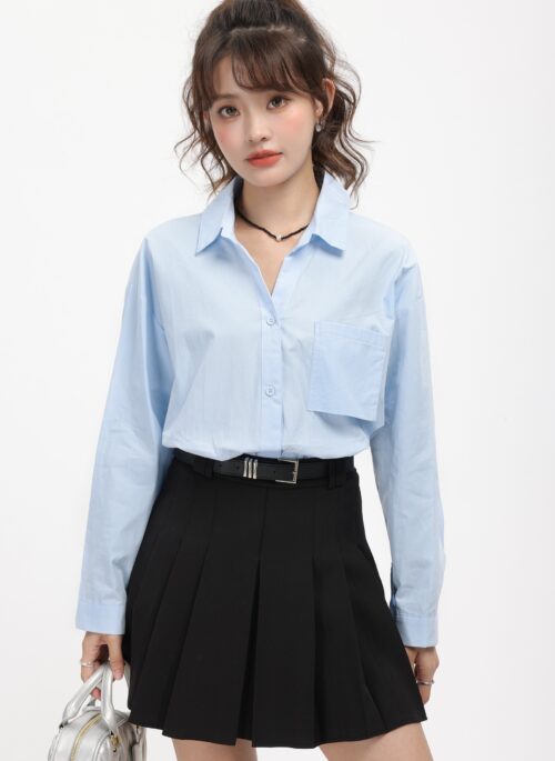 Blue Collared Long Sleeve Shirt With Pocket