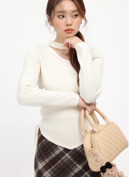 Beige Irregular Neck Cut-Out Knit Sweater