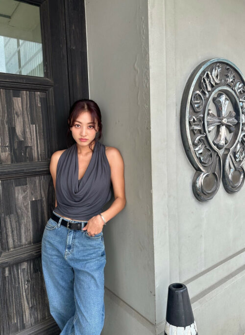 Grey Cowl Backless Halter Top | Jihyo - TWICE