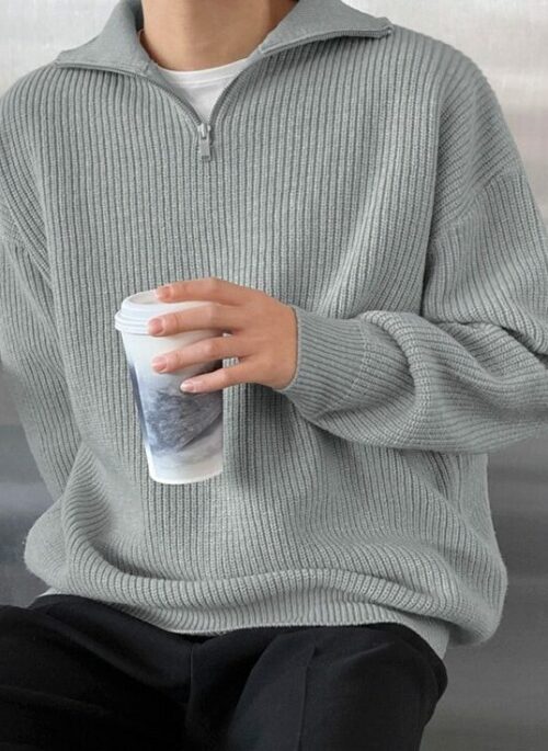 Grey Half Zipped Ribbed Sweater | Kang Hu Yeong - Serendipity’s Embrace