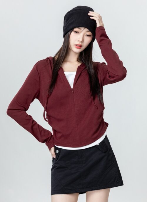 Red Hooded Long Sleeve Blouse With Pleats